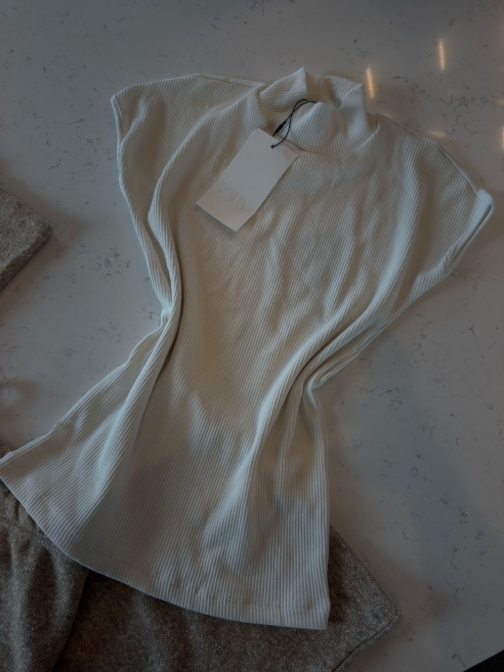 Zara Cream Ribbed Mock Neck Tunic Top